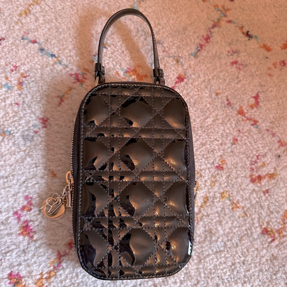 CHRISTIAN DIOR Lady Dior Canage Cell Phone Case Black Patent Cannage Calfskin